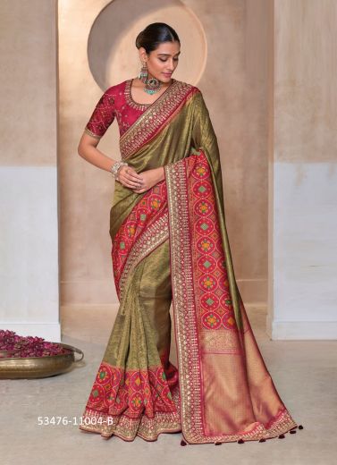 Olive Green & Pink Embroidered Wedding-Wear Kanjivaram Silk Saree