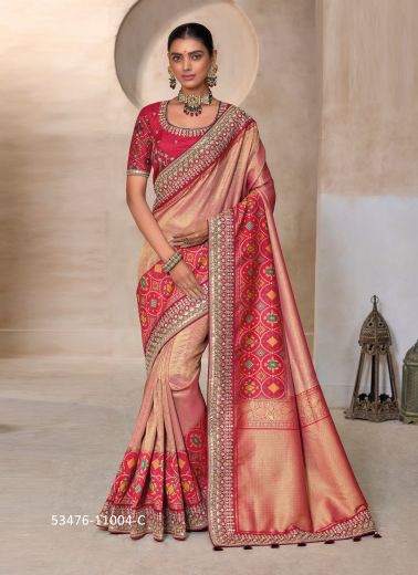 Beige & Pink Embroidered Wedding-Wear Kanjivaram Silk Saree