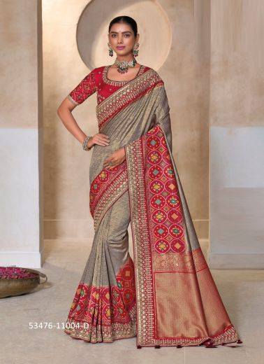 Gray & Wine Red Embroidered Wedding-Wear Kanjivaram Silk Saree