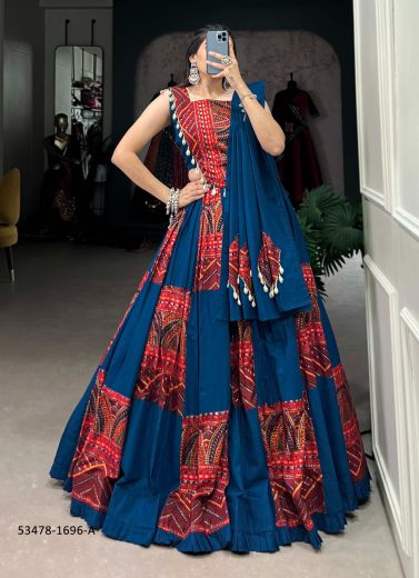 Royal Blue & Maroon Cotton Gamthi Work Navratri Special Readymade Lehenga Choli [Chaniya Choli For Garba]