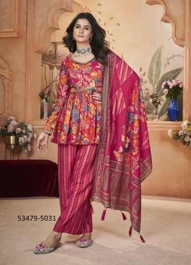 Wine Red Silk Digitally Printed Festive-Wear Readymade Pant-Bottom Readymade Salwar Kameez