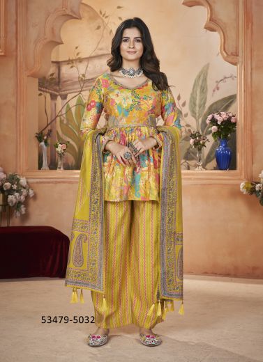 Light Olive Green Silk Digitally Printed Festive-Wear Readymade Pant-Bottom Readymade Salwar Kameez