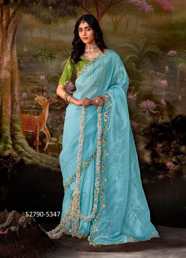 Sky Blue Dolla Silk Embroidered Wedding-Wear Saree With Contrast Blouse