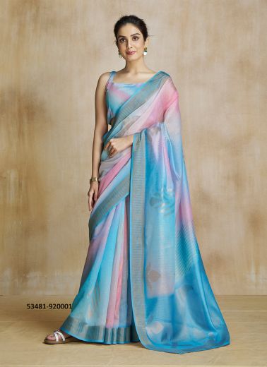 Sky Blue & Pink Silk Digitally Printed Vibrant Saree For Kitty-Parties