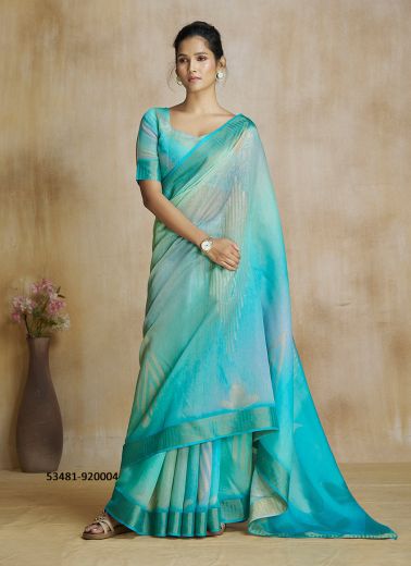 Aqua Silk Digitally Printed Vibrant Saree For Kitty-Parties