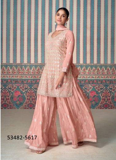 Pink Chinon Silk Sequins-Work Party-Wear Sharara-Bottom Readymade Salwar Kameez