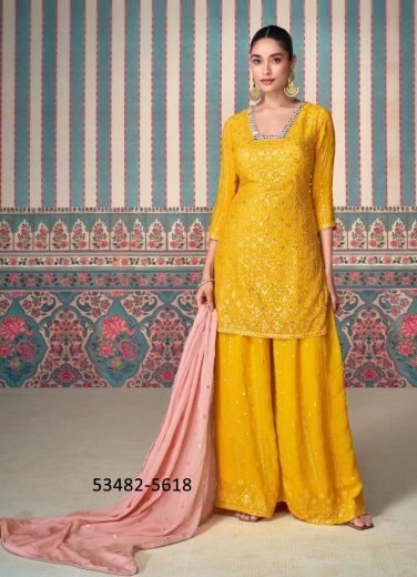 Yellow Chinon Silk Sequins-Work Party-Wear Sharara-Bottom Readymade Salwar Kameez