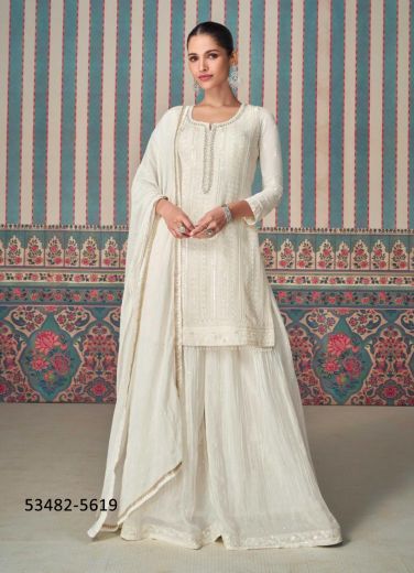 White Chinon Silk Sequins-Work Party-Wear Sharara-Bottom Readymade Salwar Kameez