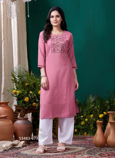 Pink Cotton Embroidered Office-Wear Readymade Kurti With Pant