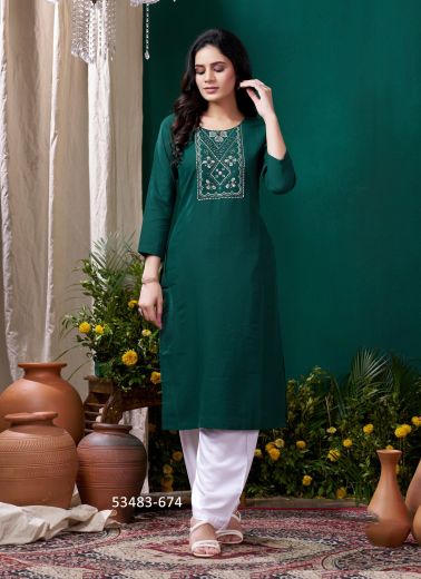 Teal Green Cotton Embroidered Office-Wear Readymade Kurti With Pant