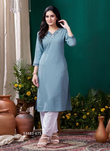 Steel Blue Cotton Embroidered Office-Wear Readymade Kurti With Pant