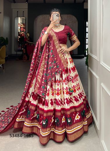 White & Wine Red Tussar Silk Patola-Printed Festive-Wear Traditional Lehenga Choli