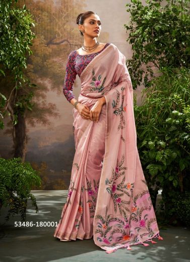 Pink Tissue Silk Digitally Printed Saree For Kitty-Parties