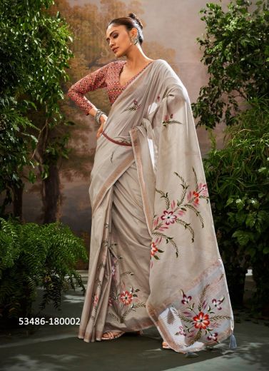 Light Gray Tissue Silk Digitally Printed Saree For Kitty-Parties