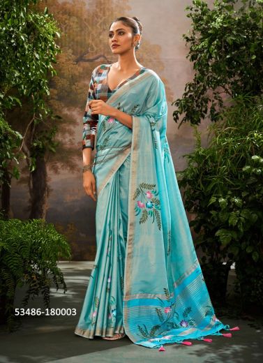 Aqua Tissue Silk Digitally Printed Saree For Kitty-Parties