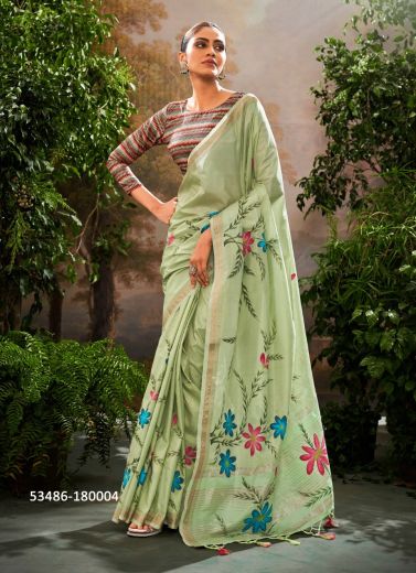 Light Green Tissue Silk Digitally Printed Saree For Kitty-Parties