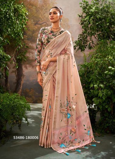 Light Pink Tissue Silk Digitally Printed Saree For Kitty-Parties