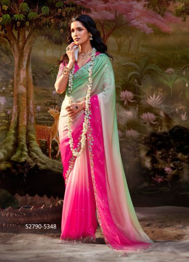 Multicolored Dolla Silk Embroidered Wedding-Wear Saree With Contrast Blouse