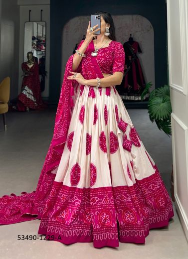 White & Magenta Tussar Silk Bandhani Printed Festive-Wear Traditional Lehenga Choli