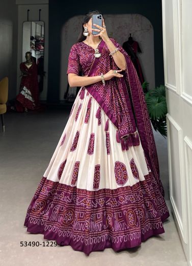 White & Purple Tussar Silk Bandhani Printed Festive-Wear Traditional Lehenga Choli