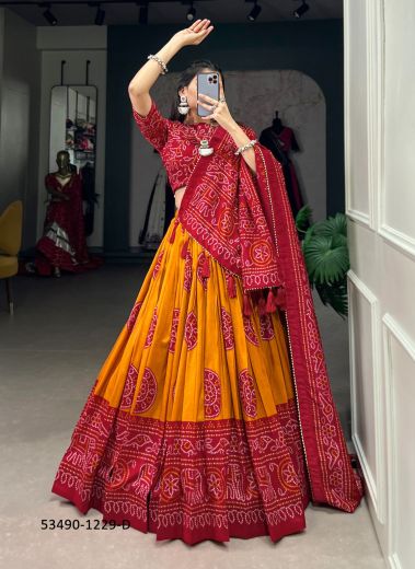 Orange & Wine Red Tussar Silk Bandhani Printed Festive-Wear Traditional Lehenga Choli