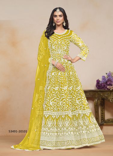 Lemon Yellow & White Net Thread-Work Festive-Wear Floor-Length Readymade Salwar Kameez