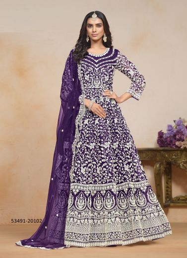 Dark Violet & White Net Thread-Work Festive-Wear Floor-Length Readymade Salwar Kameez