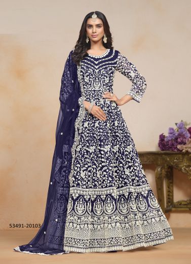 Navy Blue & White Net Thread-Work Festive-Wear Floor-Length Readymade Salwar Kameez