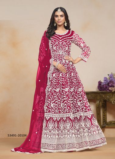 Wine Red & White Net Thread-Work Festive-Wear Floor-Length Readymade Salwar Kameez