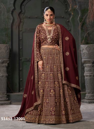 Dark Maroon Premium Georgette Zarkan-Work Wedding-Wear Readymade Bridal Lehenga Choli