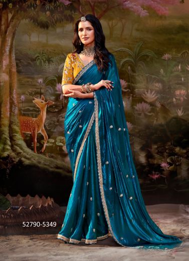 Sea Blue Dolla Silk Embroidered Wedding-Wear Saree With Contrast Blouse