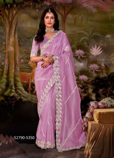 Lilac Dolla Silk Embroidered Wedding-Wear Saree With Contrast Blouse