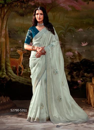 Light Celadon Dolla Silk Embroidered Wedding-Wear Saree With Contrast Blouse