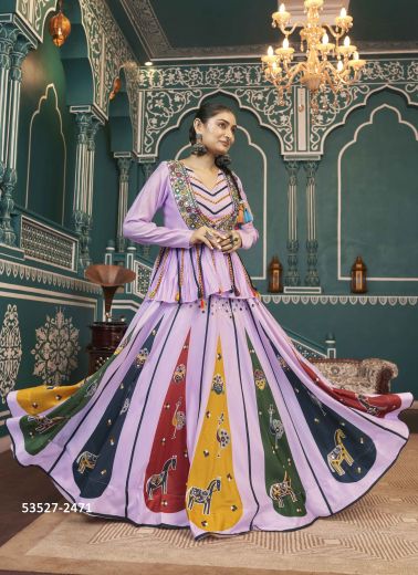 Multicolored Poly Maska Silk Gamthi Work Navratri Special Readymade Lehenga Choli With Jacket [Chaniya Choli For Garba]