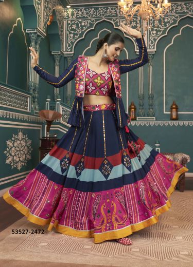 Multicolored Poly Maska Silk Gamthi Work Navratri Special Readymade Lehenga Choli With Jacket [Chaniya Choli For Garba]