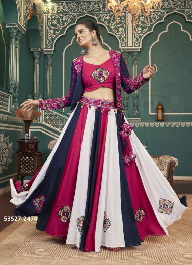 Multicolored Viscose Rayon Gamthi Work Navratri Special Readymade Lehenga Choli With Jacket [Chaniya Choli For Garba]