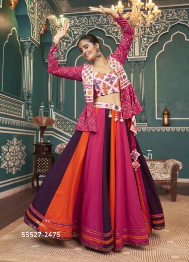 Multicolored Viscose Rayon Gamthi Work Navratri Special Readymade Lehenga Choli With Jacket [Chaniya Choli For Garba]