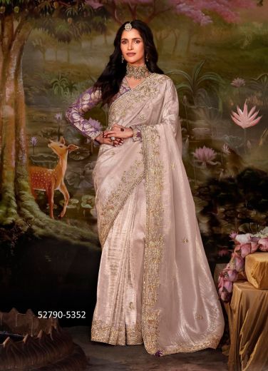 Beige Dolla Silk Embroidered Wedding-Wear Saree With Contrast Blouse