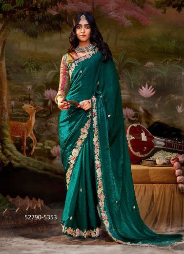 Teal Green Dolla Silk Embroidered Wedding-Wear Saree With Contrast Blouse