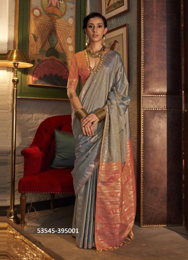 Gray & Light Salmon Tussar Silk Handloom Woven Saree For Traditional / Religious Occasions