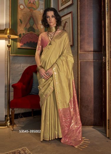 Light Mustard Yellow & Salmon Tussar Silk Handloom Woven Saree For Traditional / Religious Occasions