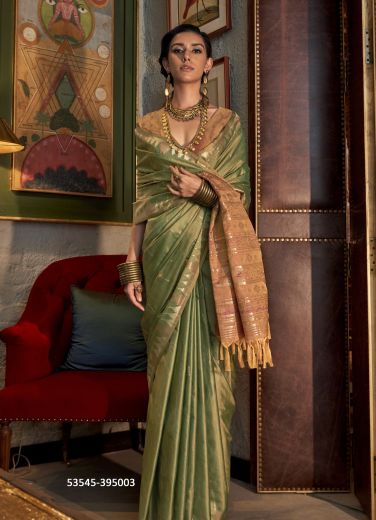 Olive Green & Coral Tussar Silk Handloom Woven Saree For Traditional / Religious Occasions