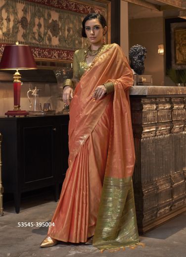 Salmon & Olive Green Tussar Silk Handloom Woven Saree For Traditional / Religious Occasions