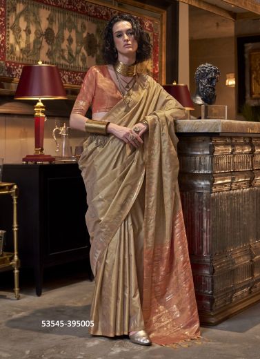 Beige & Light Salmon Tussar Silk Handloom Woven Saree For Traditional / Religious Occasions