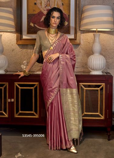 Mauve Pink & Beige Tussar Silk Handloom Woven Saree For Traditional / Religious Occasions