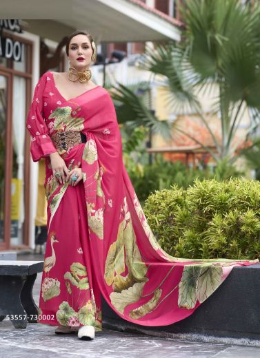 Dark Pink & Light Green Georgette Floral Digitally Printed Saree For Kitty-Parties