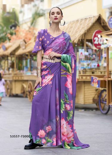 Lavender & Pink Georgette Floral Digitally Printed Saree For Kitty-Parties