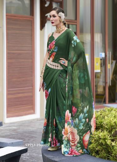 Dark Green & Pink Georgette Floral Digitally Printed Saree For Kitty-Parties