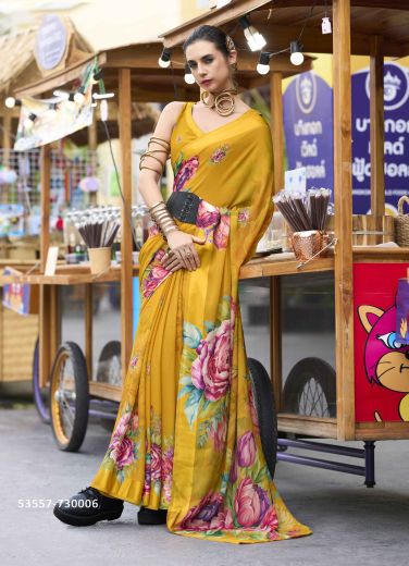 Mustard Yellow & Wine Red Georgette Floral Digitally Printed Saree For Kitty-Parties