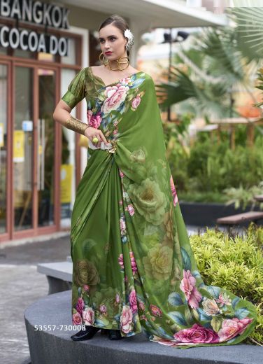 Parrot Green & Lilac Georgette Floral Digitally Printed Saree For Kitty-Parties